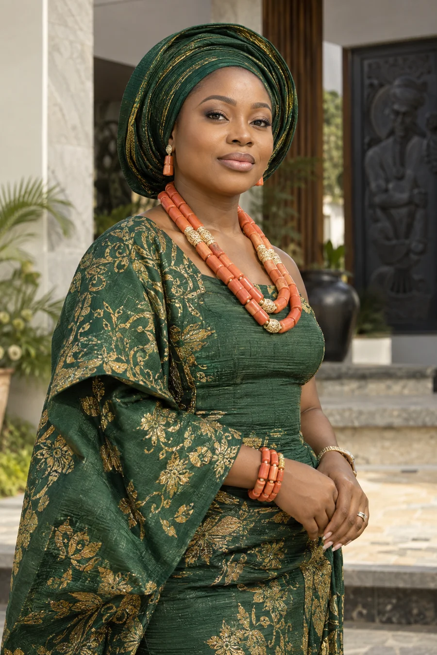 Illustrative portrait celebrating Igbo dress and coral beads